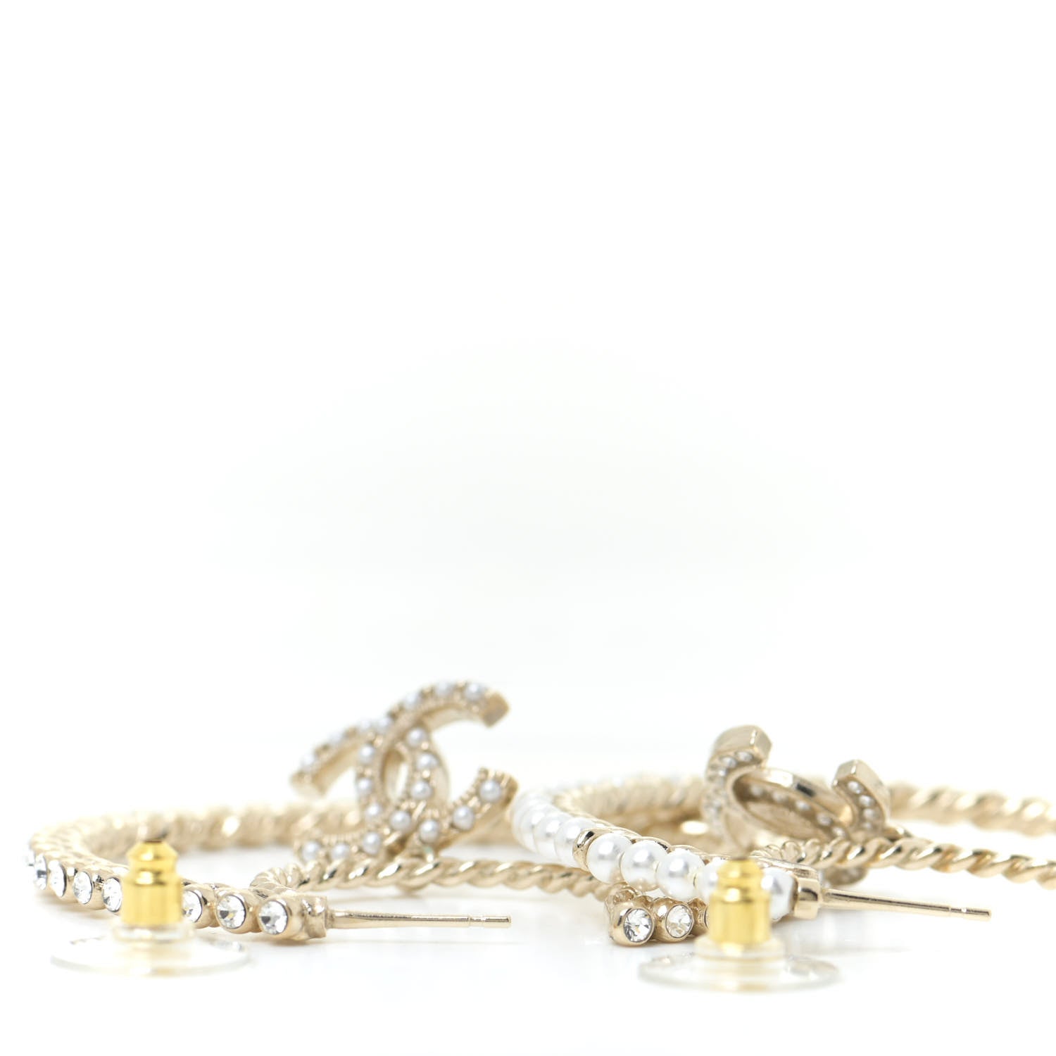 Chanel Crystal Pearl CC Drop Hoop Earrings Gold Pearly White 3 of 5