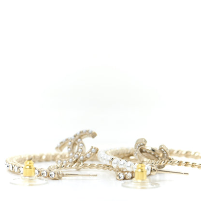 Chanel Crystal Pearl CC Drop Hoop Earrings Gold Pearly White 3 of 5