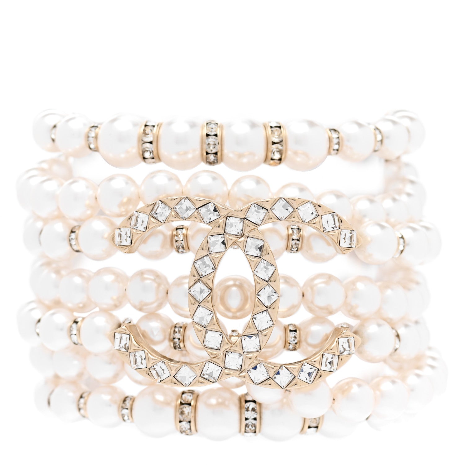 Chanel Pearl Crystal CC Multistrand Bracelet Gold White 1 of 4