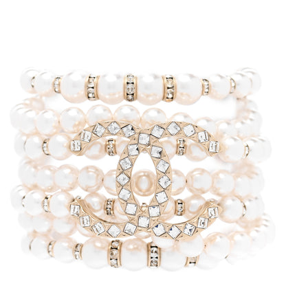 Chanel Pearl Crystal CC Multistrand Bracelet Gold White 1 of 4