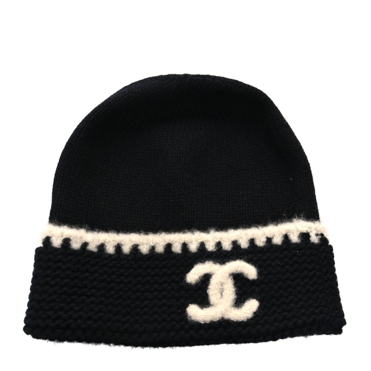Chanel Cashmere Wool CC Beanie Hat Black Light Beige 1 of 4