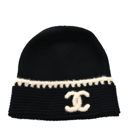 Chanel Cashmere Wool CC Beanie Hat Black Light Beige 1 of 4