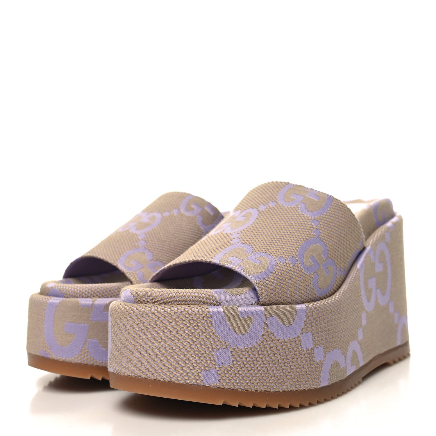 Gucci Monogram Jumbo GG Platform Slide Wedge Sandals 37 Beige Lapis 3 of 8