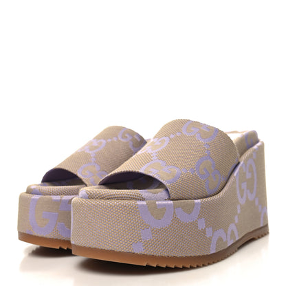 Gucci Monogram Jumbo GG Platform Slide Wedge Sandals 37 Beige Lapis 3 of 8
