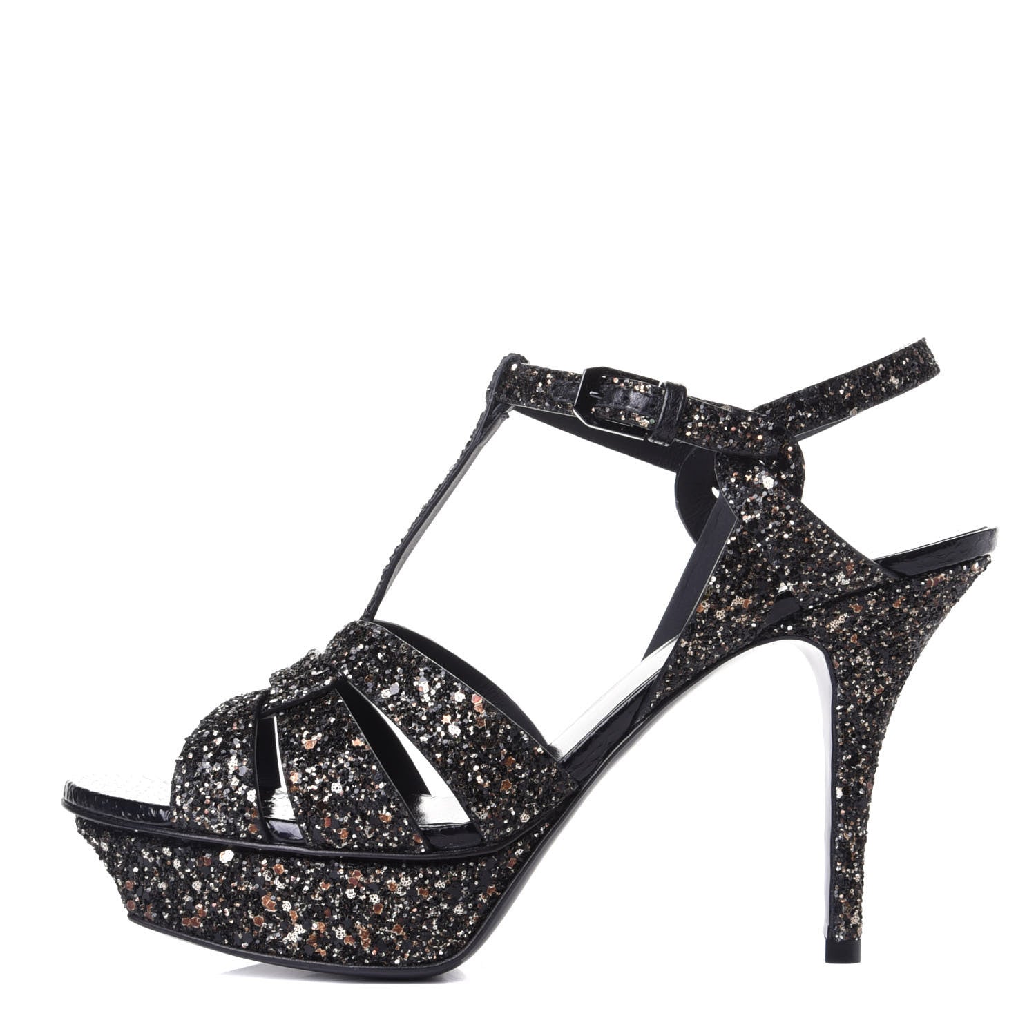 Saint Laurent Glitter Calfskin Ayers Tribute 75 Platform Sandals 39.5 Midnight 1 of 10