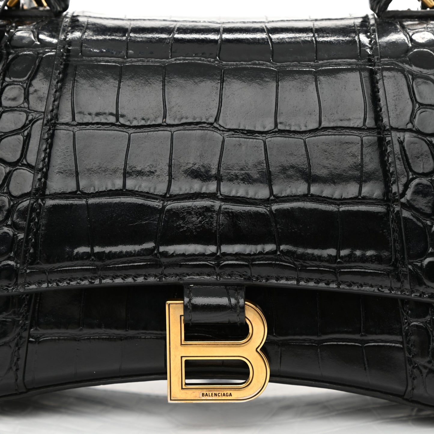 Shiny Calfskin Crocodile Embossed Small Hourglass Top Handle Bag Black