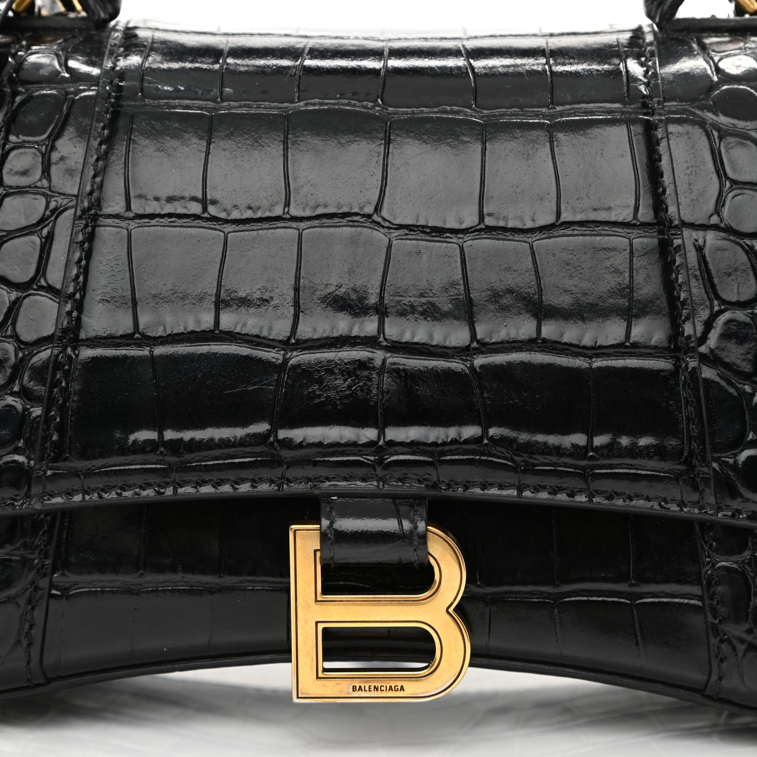 Balenciaga Shiny Calfskin Crocodile Embossed Small Hourglass Top Handle Bag Black 9 of 9