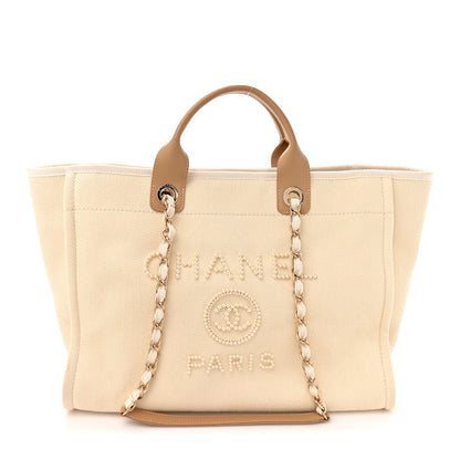 Chanel Canvas Pearl Medium Deauville Tote Ecru Beige 1 of 10