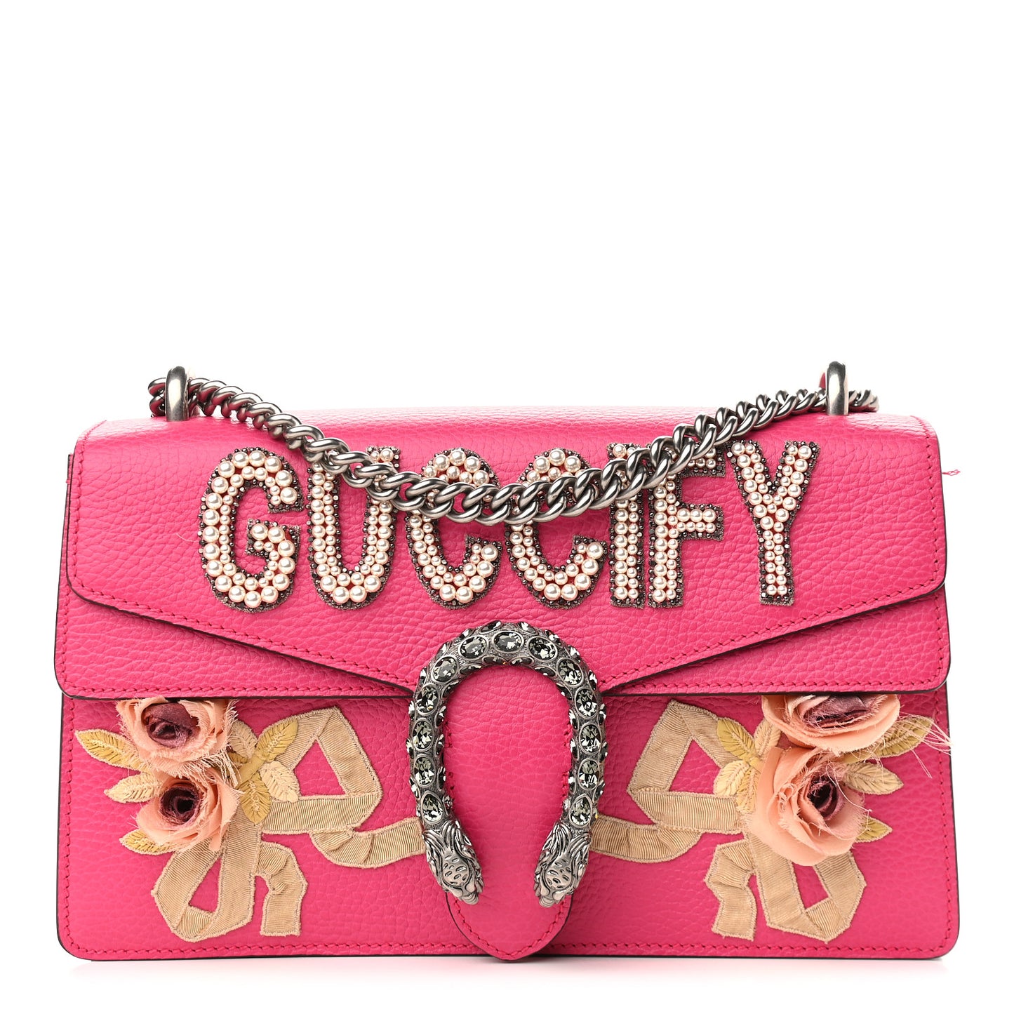 Pebbled Calfskin Embellished Guccify Small Dionysus Shoulder Bag Rosa