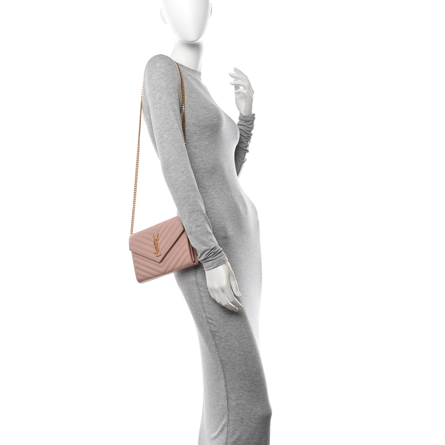 Saint Laurent Grain De Poudre Matelasse Chevron Monogram Chain Wallet Pale Blush 2 of 12