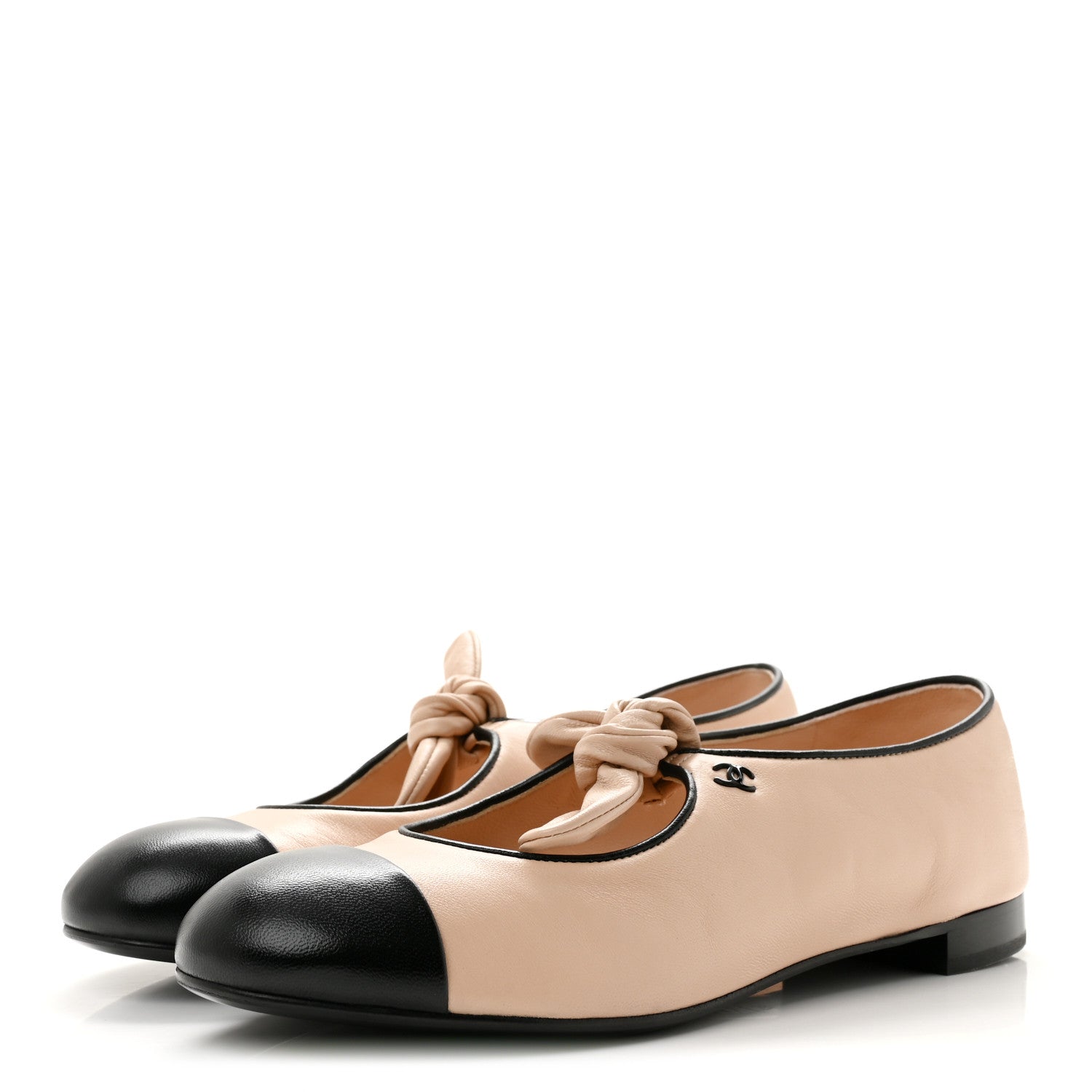 Chanel Lambskin Bow Mary Jane Flats 37 Beige Black 4 of 10