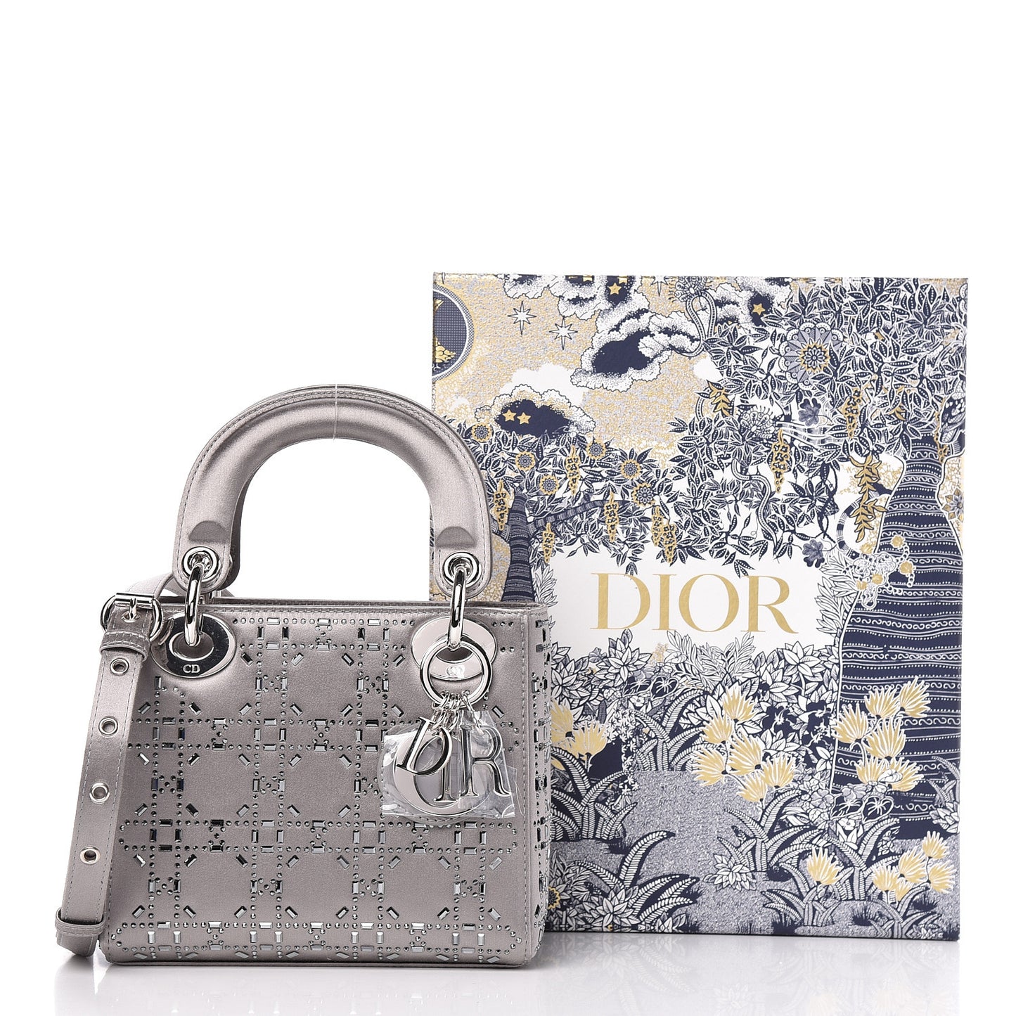 Satin Crystal Cannage Mini Lady Dior Gray