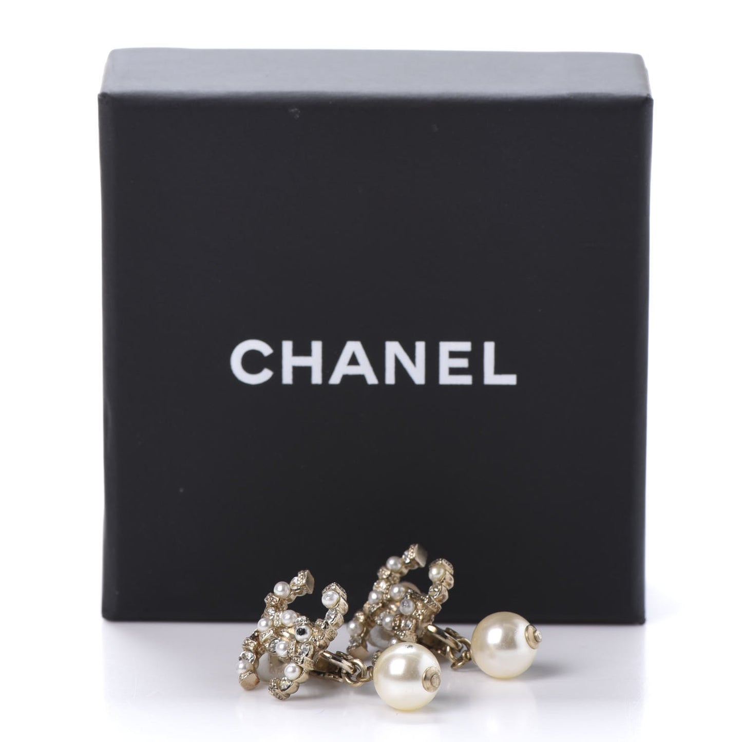 Crystal Pearl CC Drop Clip On Earrings Gold