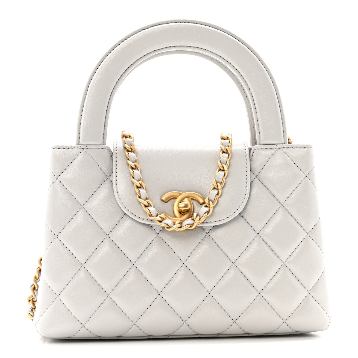 Shiny Aged Calfskin Quilted Nano Kelly Shopper Light Grey