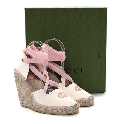 Gucci Canvas Grossgrain Embroidered Judit Ankle Wrap Platform 35/120mm Espadrille Wedges 40.5 White Shell 10 of 10