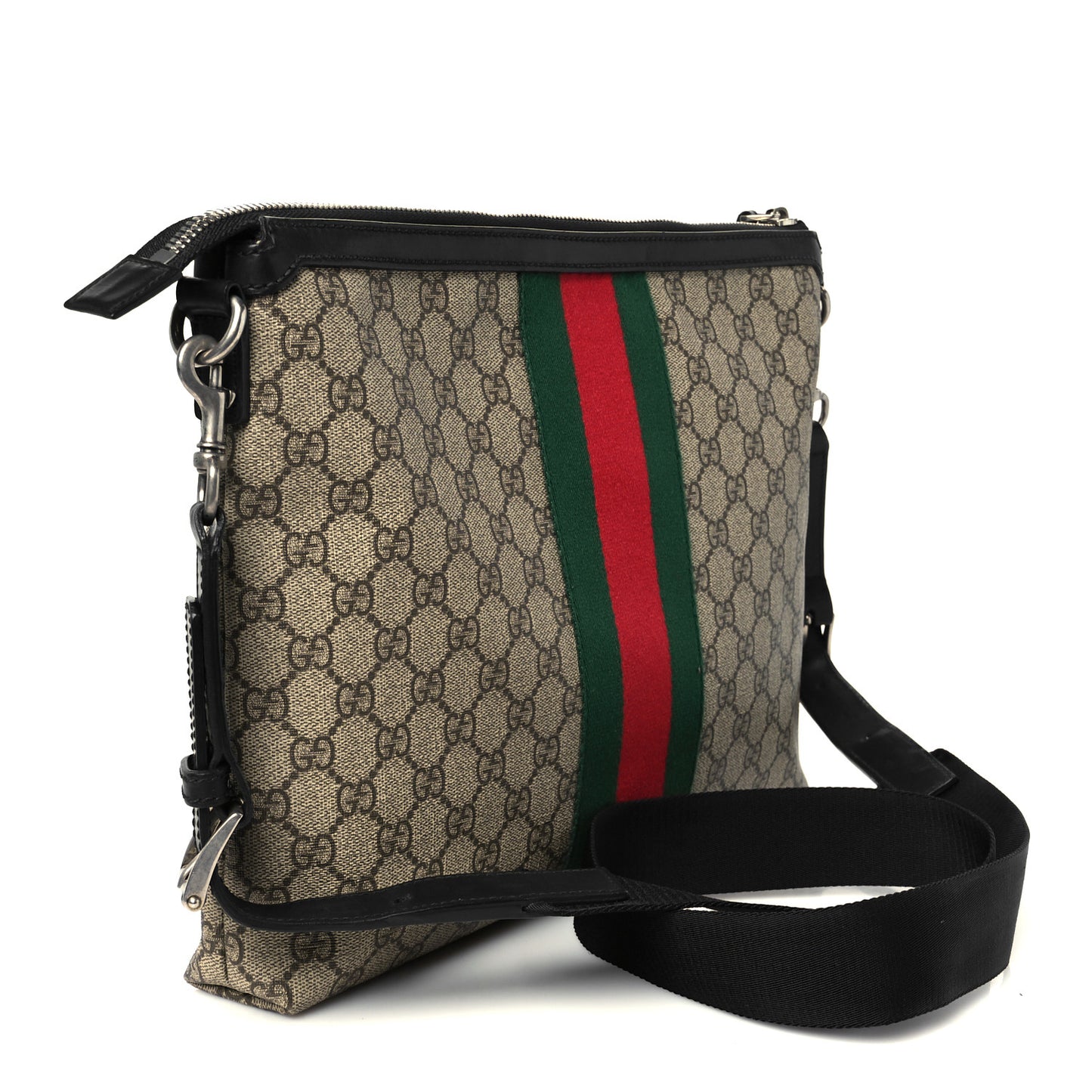 GG Supreme Monogram Calfskin Web Medium Flat Messenger Bag Beige Ebony Black