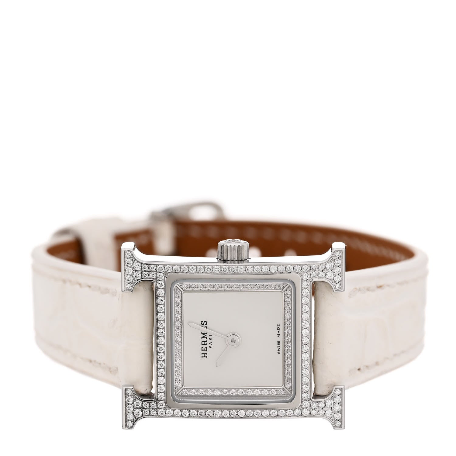 Hermes Stainless Steel Alligator Diamond Pave Bezel Mother of Pearl 17.2mm Heure H Hour Quartz Watch Blanc 2 of 5