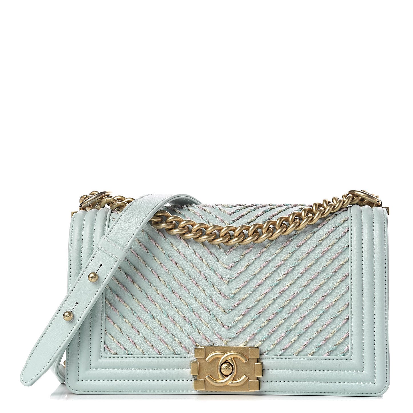 Calfskin Chevron Embroidered Medium Boy By The Sea Flap Light Blue