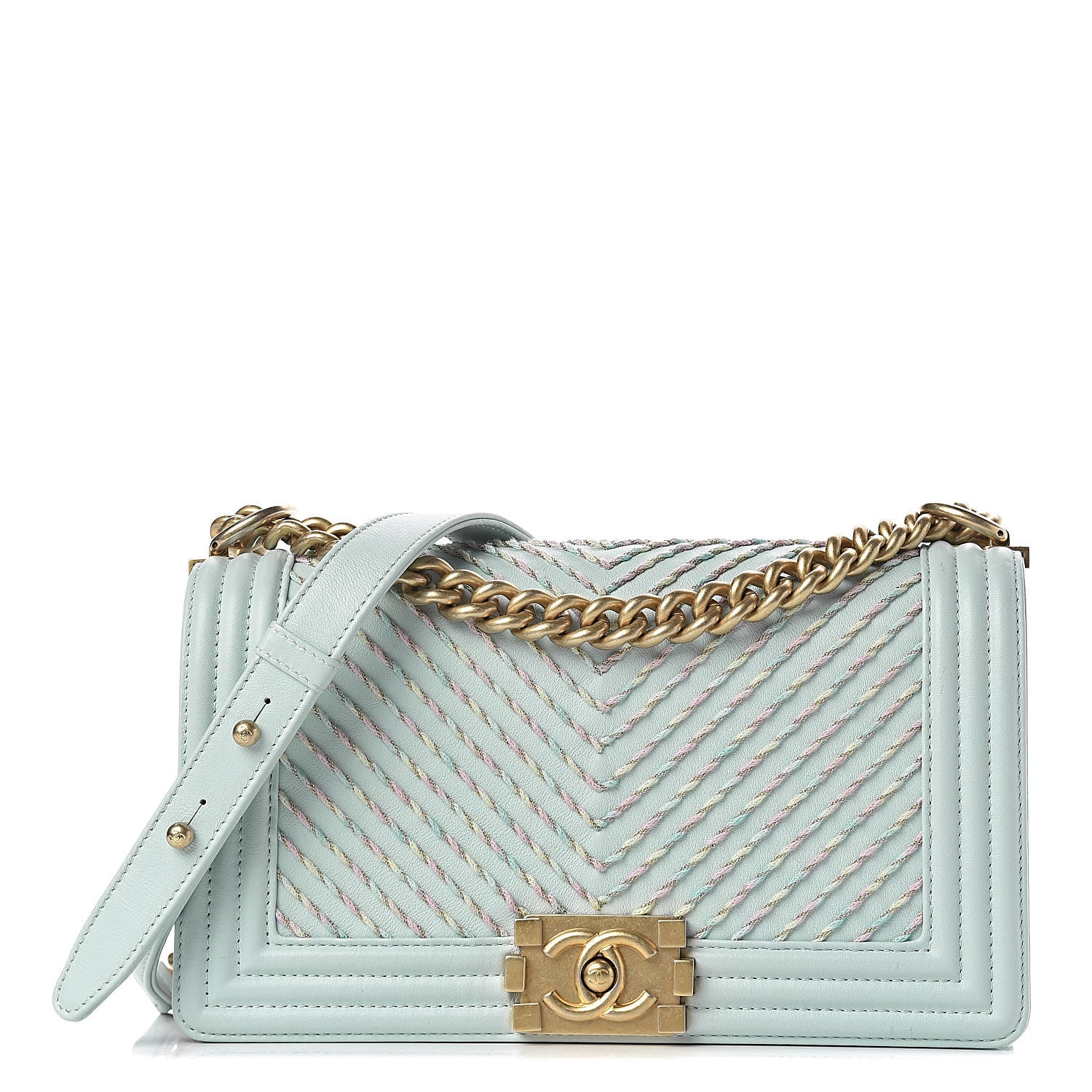 Chanel Calfskin Chevron Embroidered Medium Boy By The Sea Flap Light Blue 1 of 11