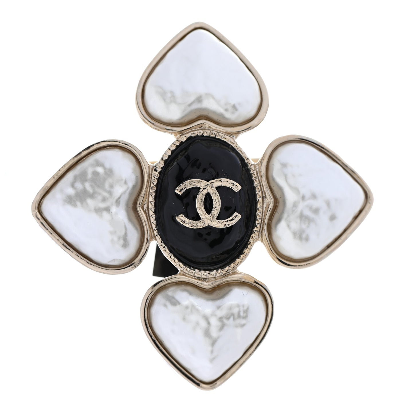 Resin Pearl CC Heart Brooch Gold Pearly White Black