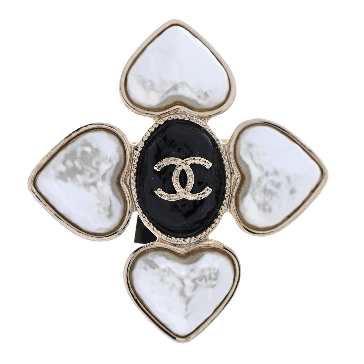 Chanel Resin Pearl CC Heart Brooch Gold Pearly White Black 1 of 4
