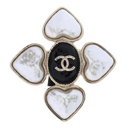 Chanel Resin Pearl CC Heart Brooch Gold Pearly White Black 1 of 4
