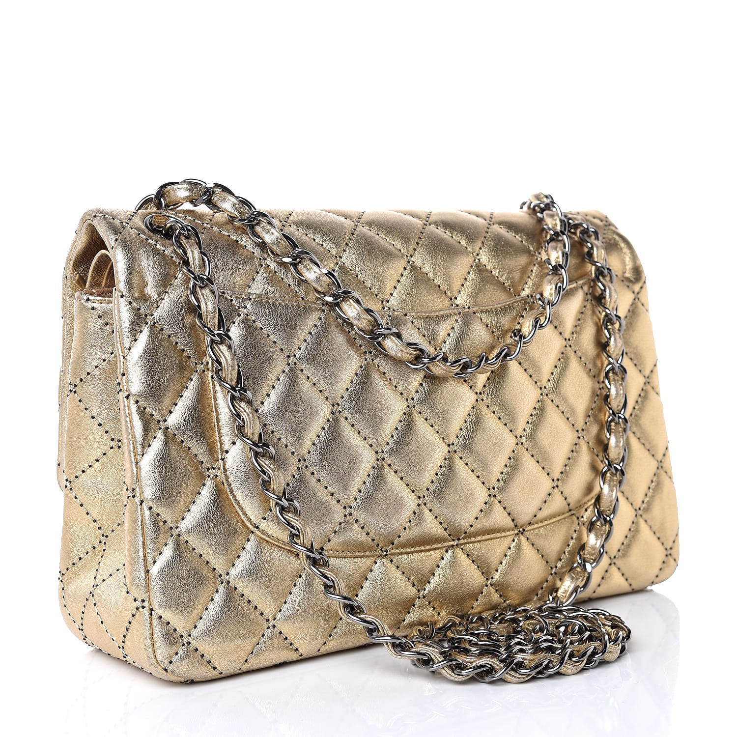 Chanel Metallic Washed Lambskin Quilted Jumbo Double Flap Dark Gold Black 4 of 12