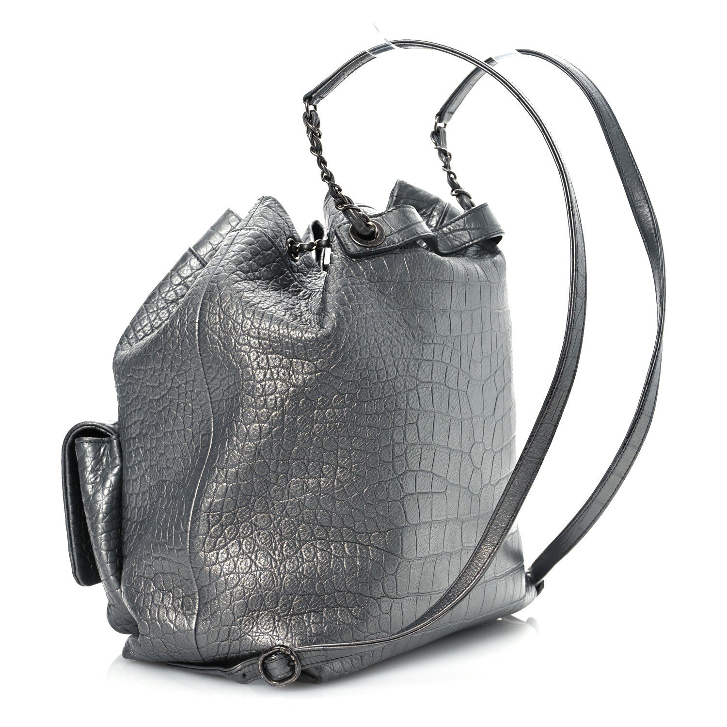 Chanel Metallic Calfskin Crocodile Embossed Large Backpack Silver 3 of 16