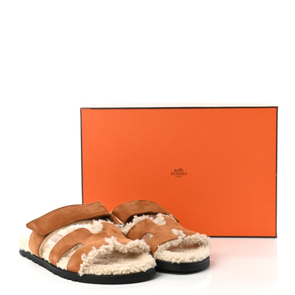 Hermes Suede Goatskin Woolskin Womens Chypre Sandals 36.5 Brun Fume Ecru 8 of 8