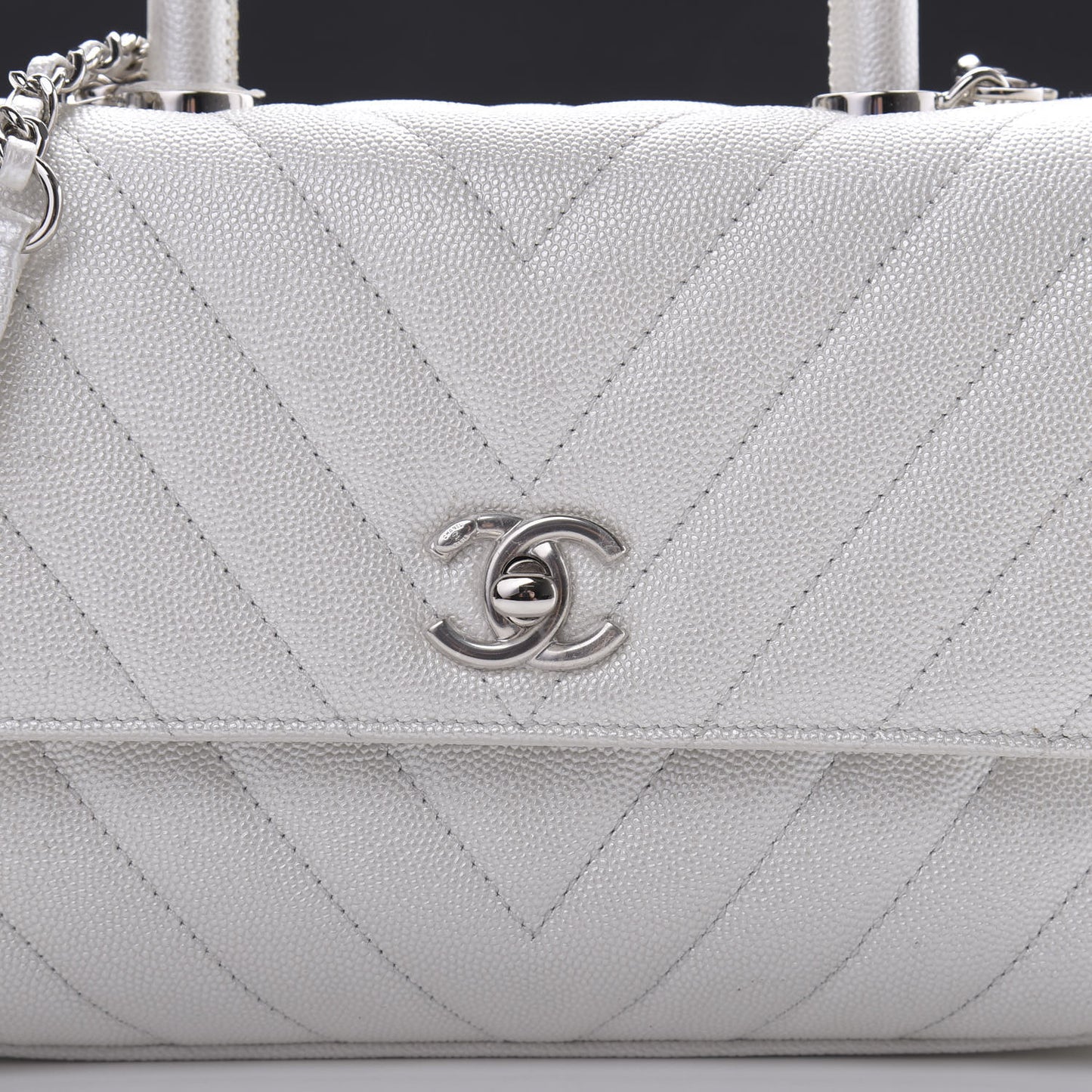 Iridescent Caviar Chevron Quilted Mini Coco Handle Flap White