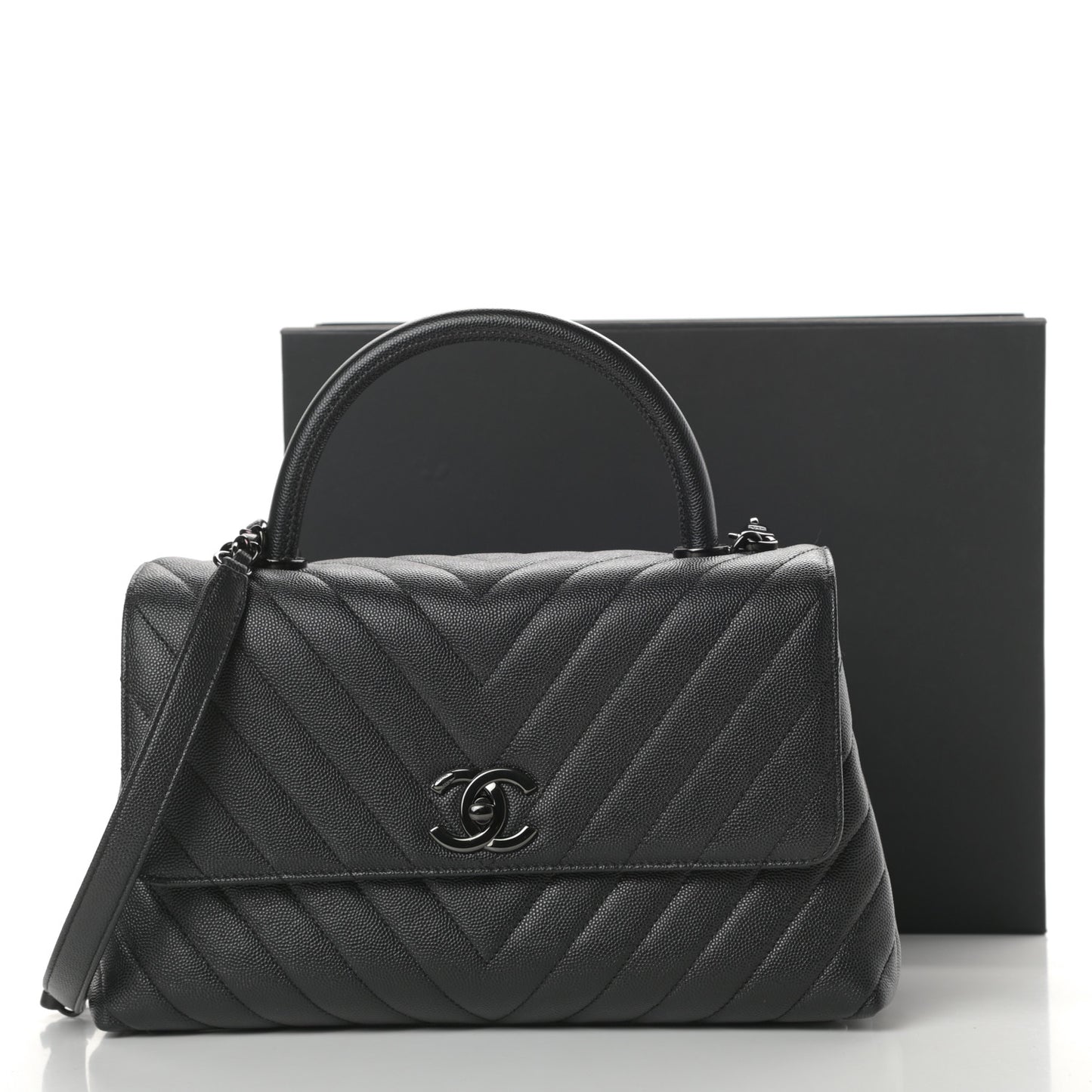 Caviar Chevron Quilted Small Coco Handle Flap So Black