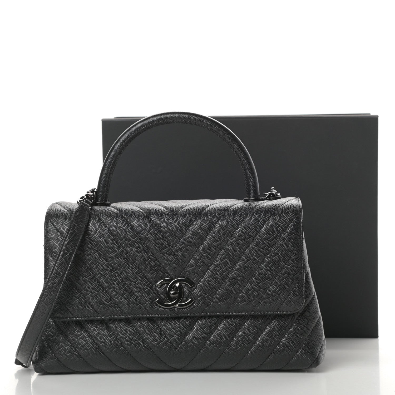 Chanel Caviar Chevron Quilted Small Coco Handle Flap So Black 11 of 11