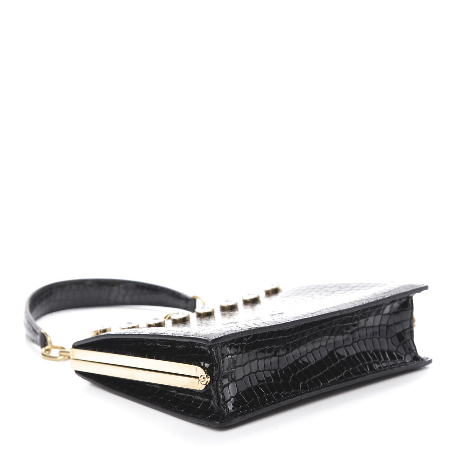 Miu Miu Calfskin Crocodile Embossed Crystal Embellished Solitaire Bag Black 4 of 11