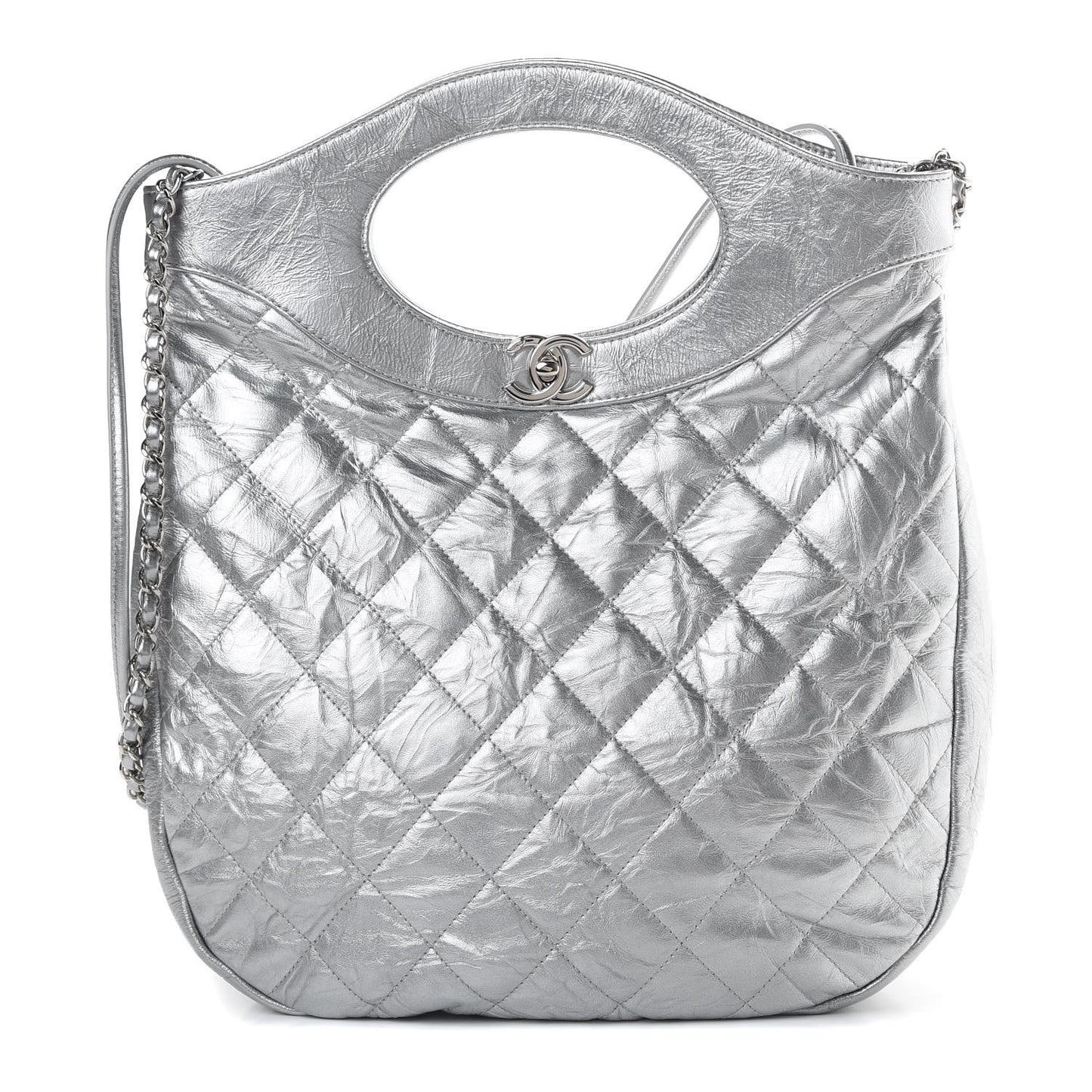 Metallic Crumpled Calfskin Small 31 Shopping Bag Silver