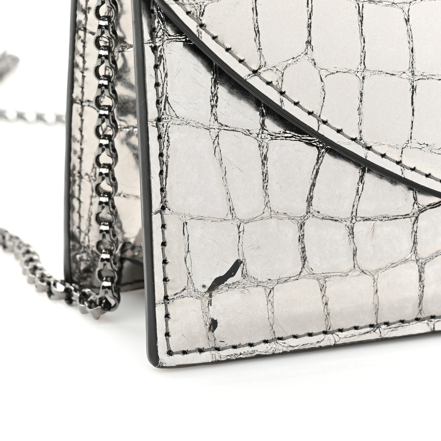 Metallic Embossed Crocodile Loubi54 Crossbody Clutch Silver