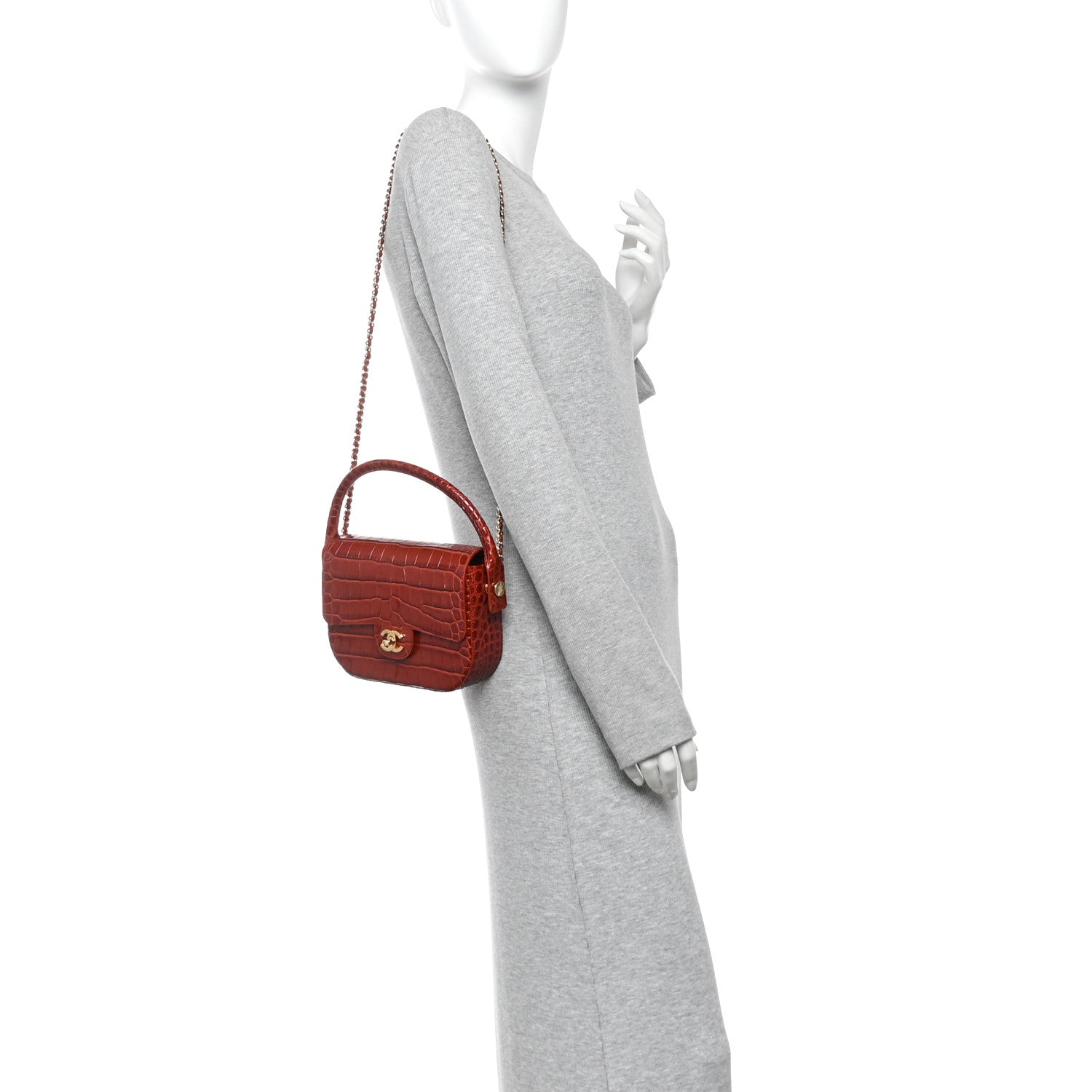 Chanel Calfskin Crocodile Embossed Turn Around Mini Flap Burgundy
