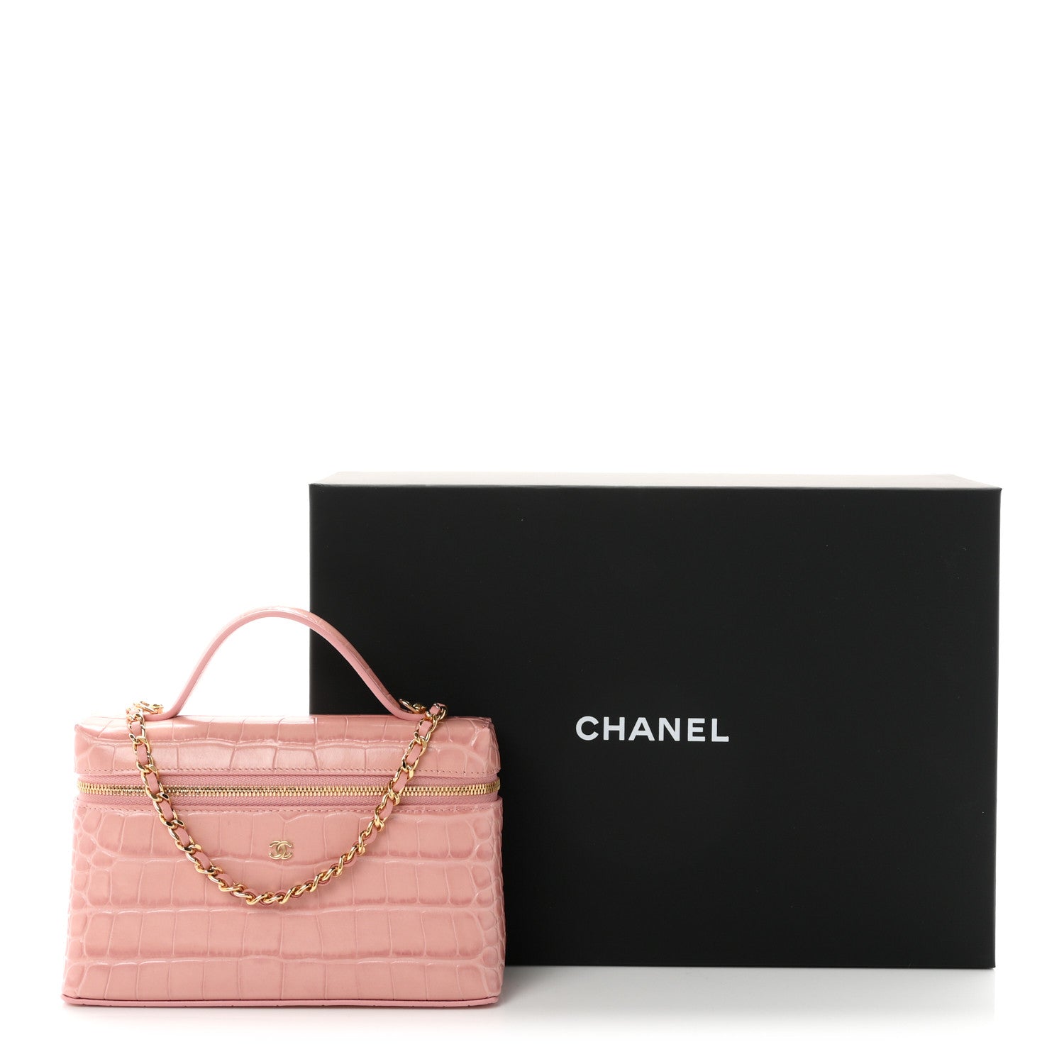 Chanel Calfskin Crocodile Embossed Crococo Top Handle Slim Vanity Case With Chain Light Pink 11 of 11