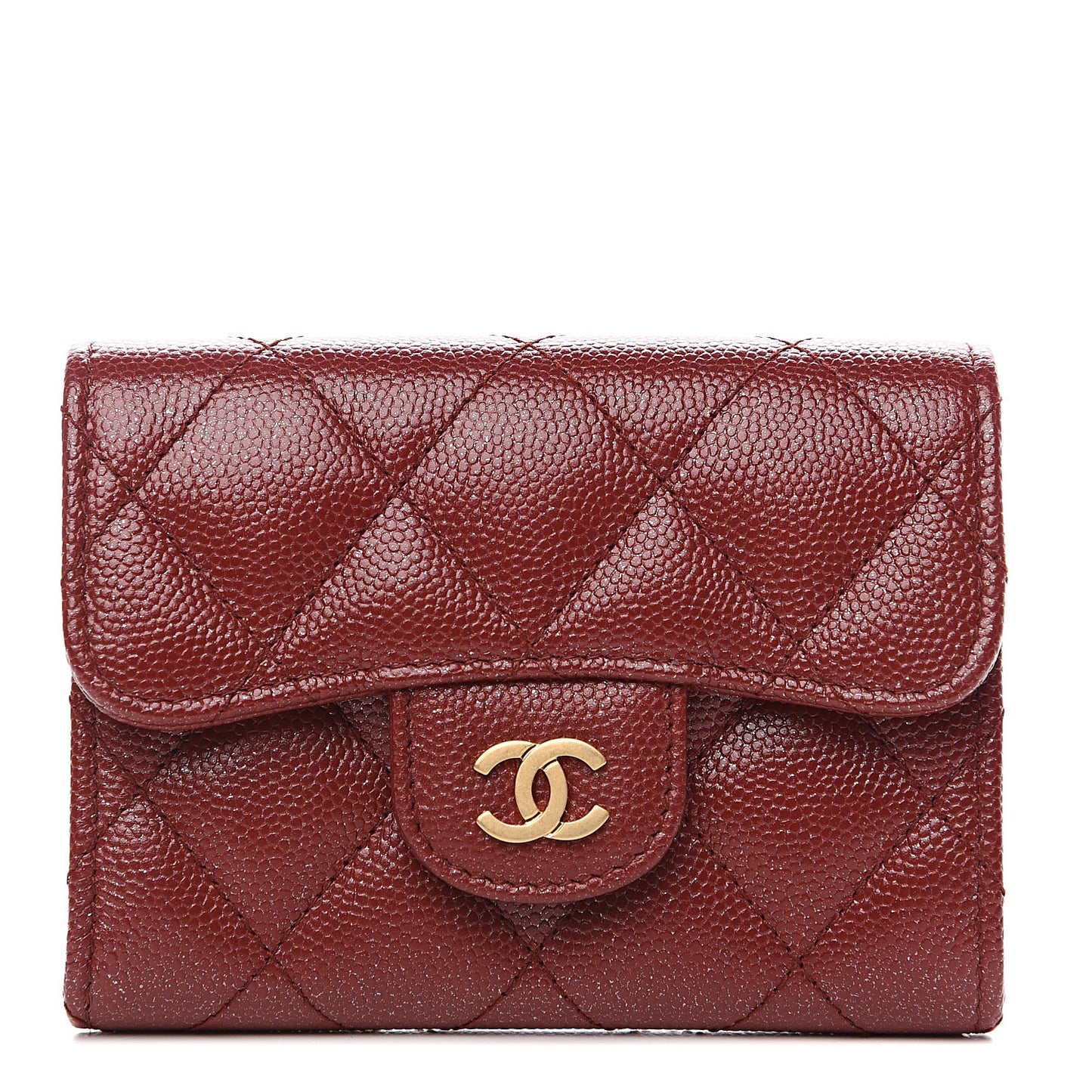 Caviar Quilted Flap Card Holder Wallet Dark Red