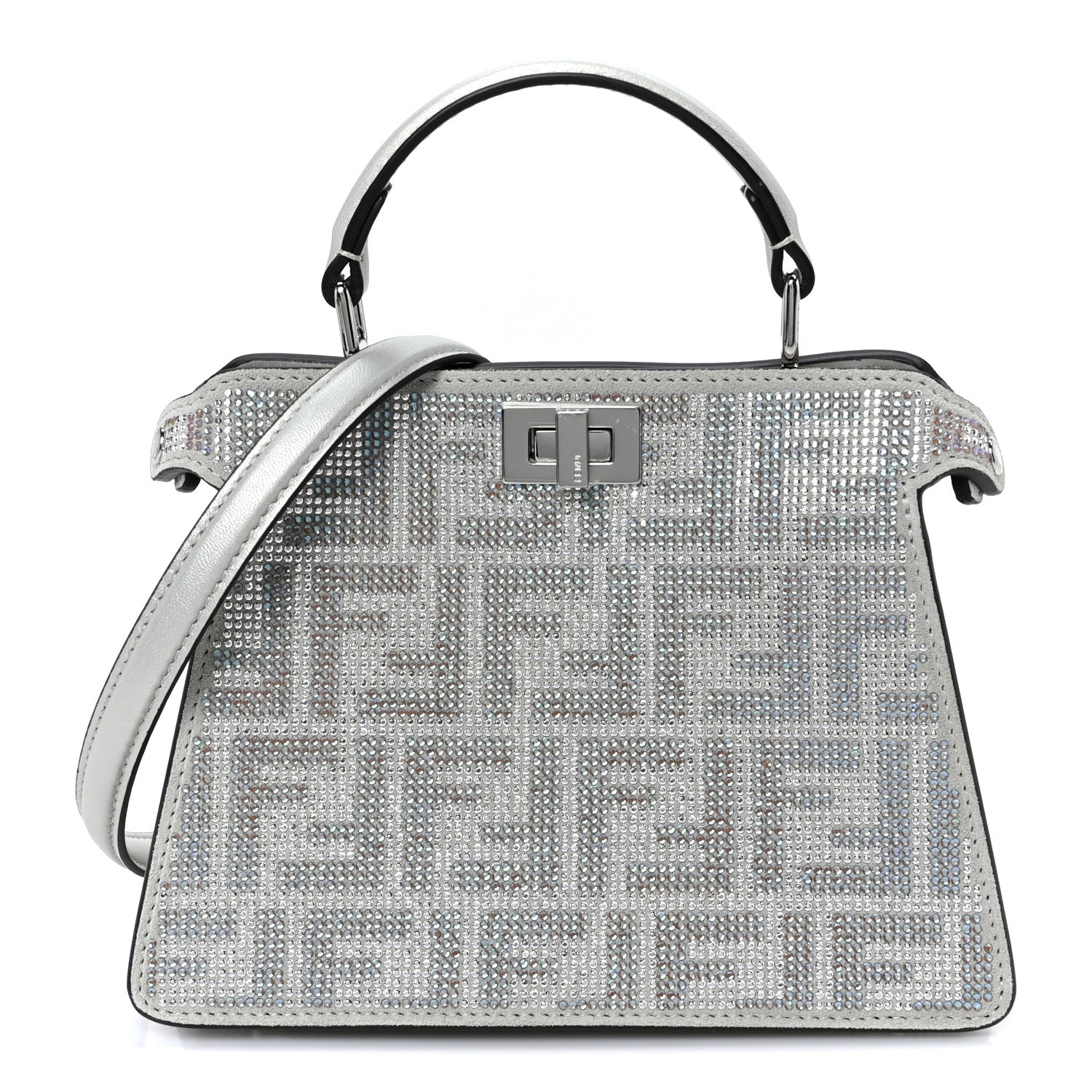 Fendi Iridescent Crystal Vitello Laminato Suede FF Petite Peekaboo I SEE U Satchel Cappuccino 1 of 10