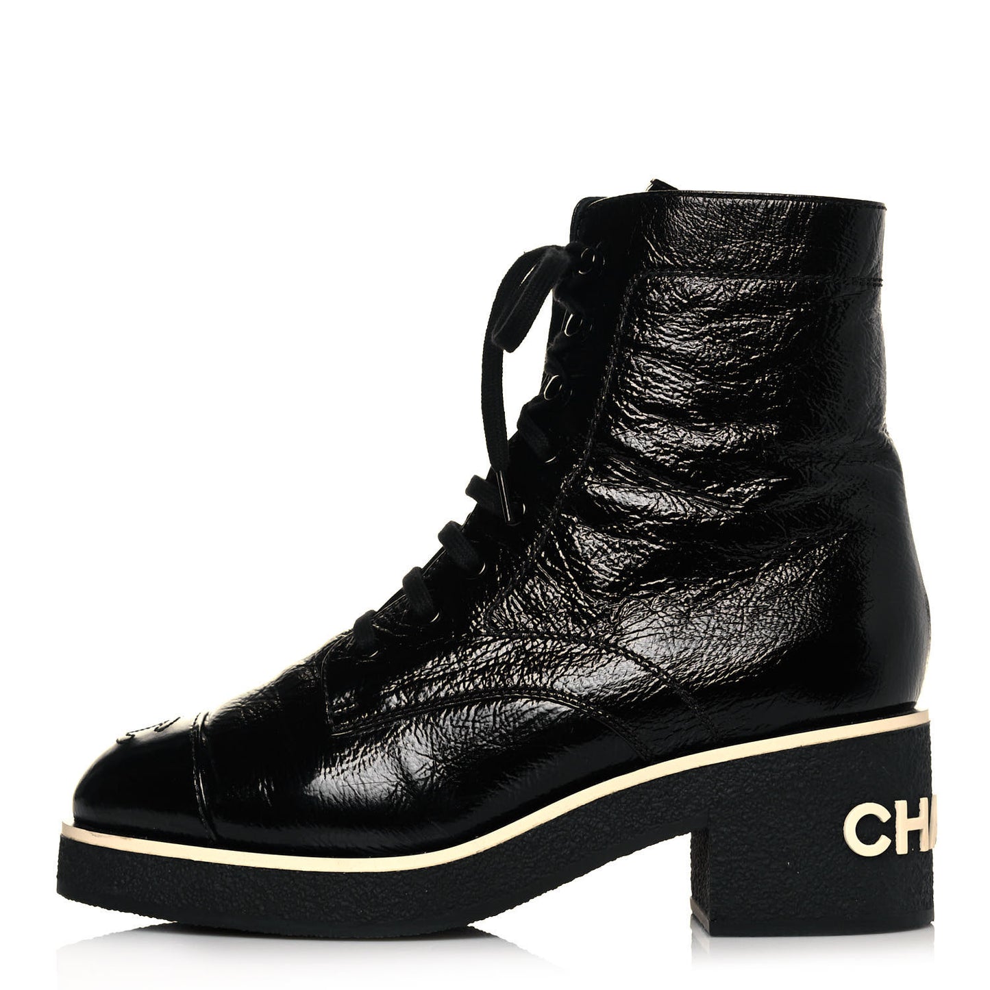 Shiny Crumpled Lambskin Lace Up Combat Boots 39.5 Black