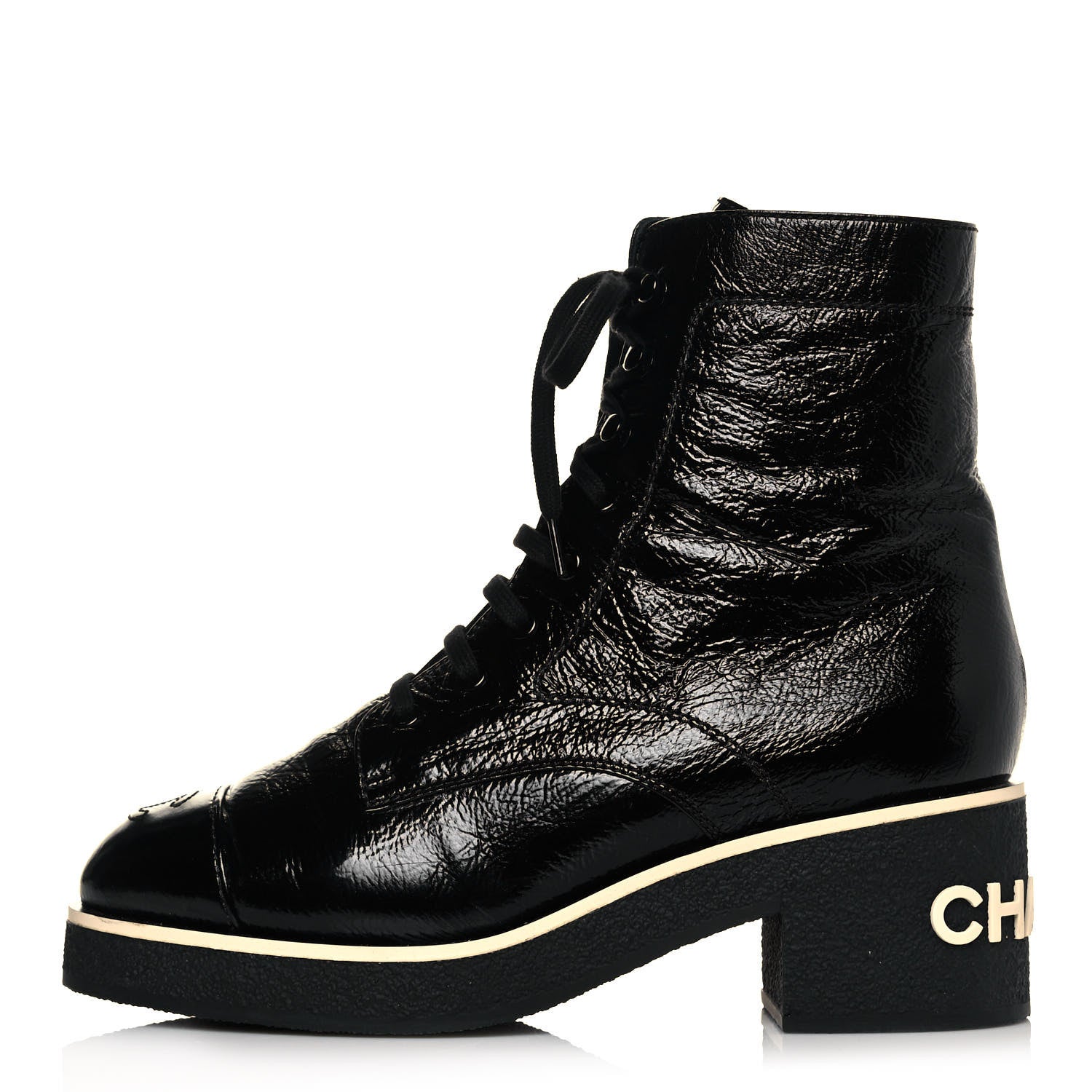 Chanel Shiny Crumpled Lambskin Lace Up Combat Boots 39.5 Black 1 of 8