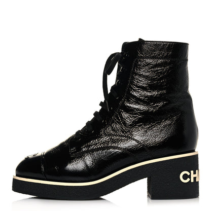 Chanel Shiny Crumpled Lambskin Lace Up Combat Boots 39.5 Black 1 of 8