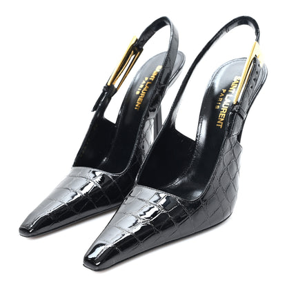 Saint Laurent Calfskin Crocodile Embossed Slingback Graham Pumps 36 Black 4 of 10