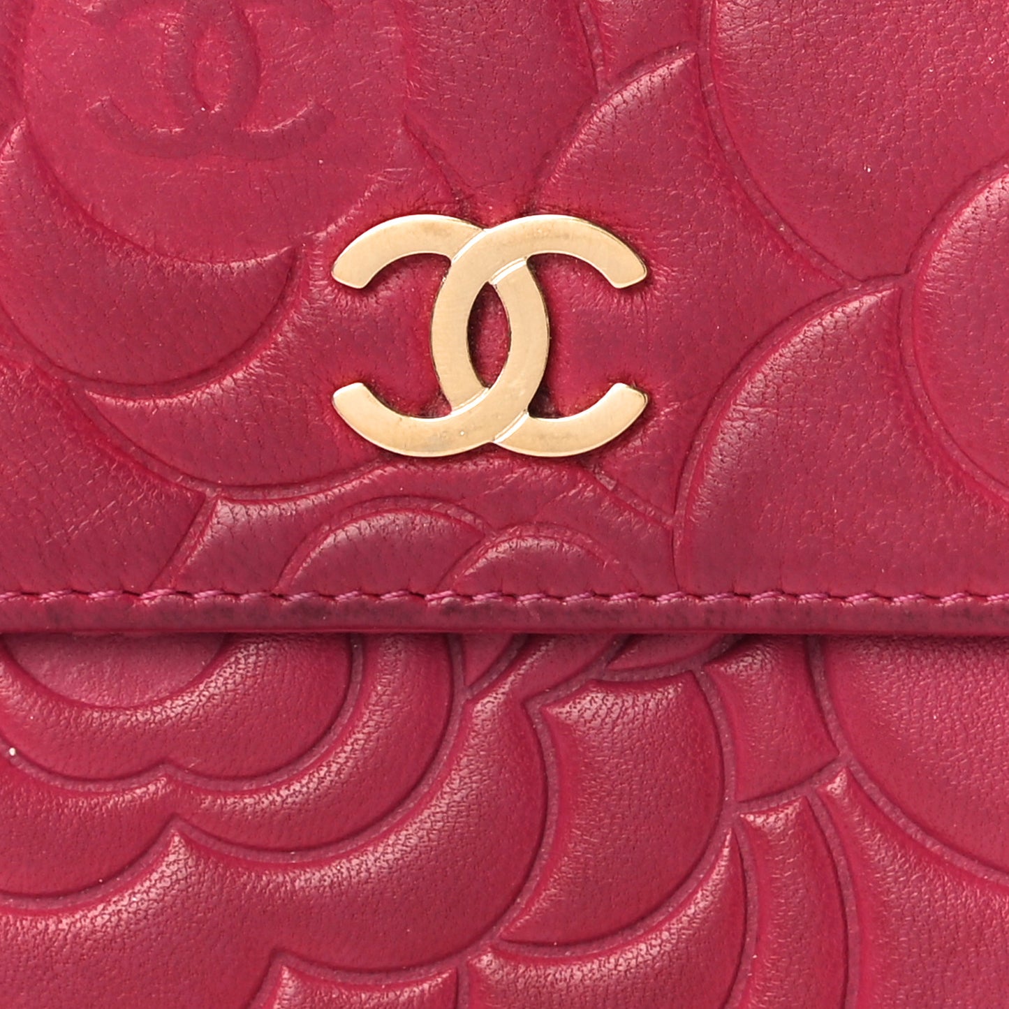 Lambskin Camellia Embossed French Wallet Dark Red