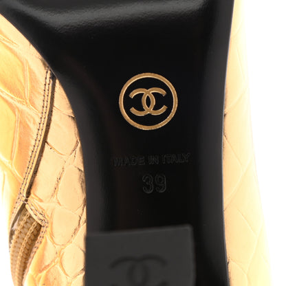 Chanel Calfskin Crocodile Embossed Cap Toe Ankle Boots 39 Gold 6 of 13