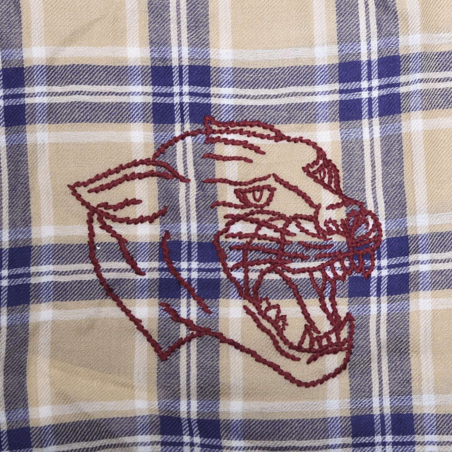 Gucci Wool Tiger Embroidered Plaid Scarf Beige Navy 3 of 4