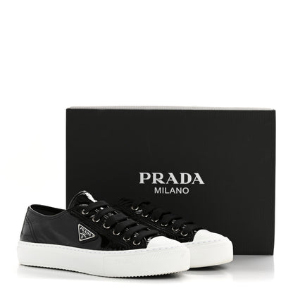 Prada Patent Naplak Triangle Logo Womens Low Top Sneakers 38 Black White 9 of 9
