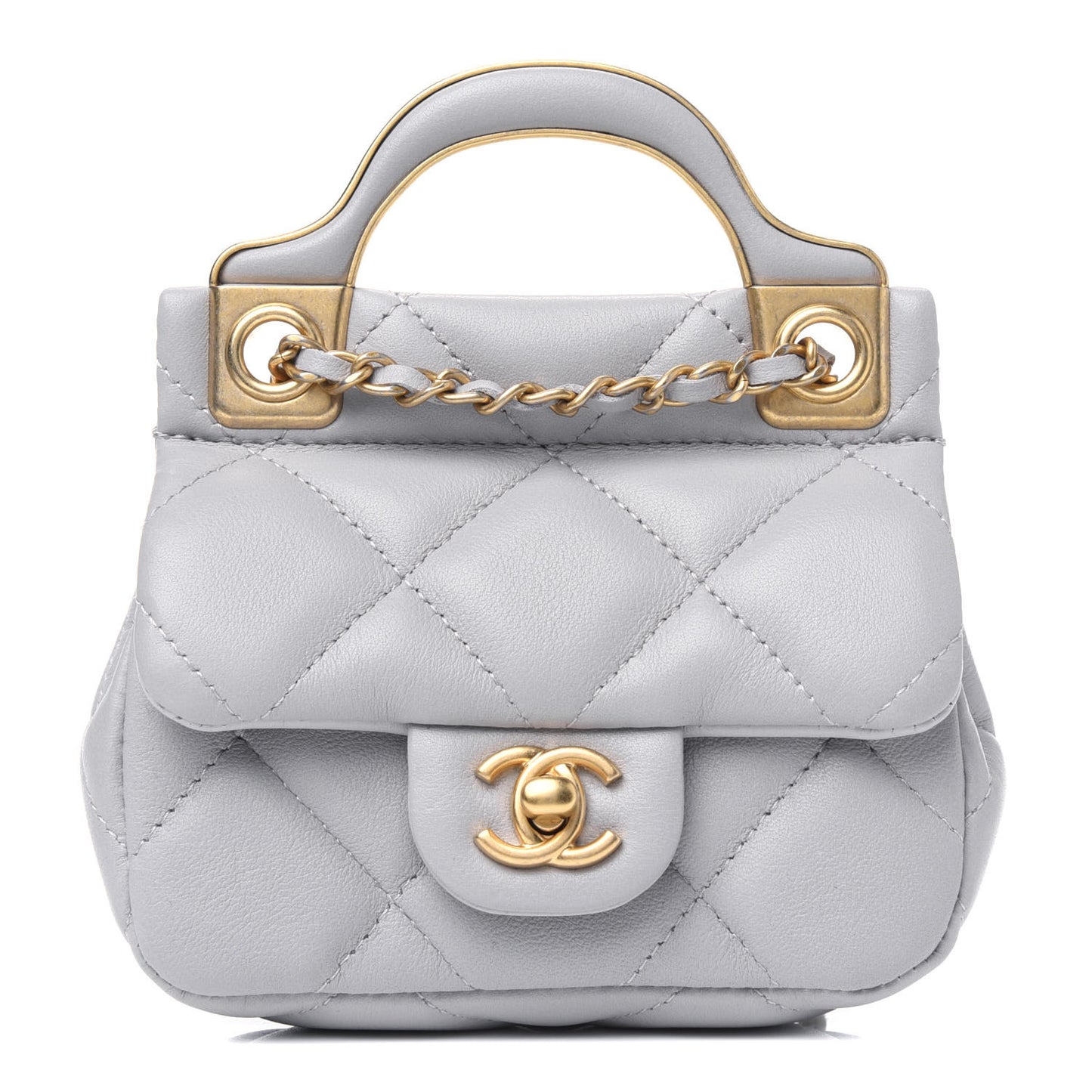Calfskin Quilted Lady Handle Flap Card Holder With Chain Grey