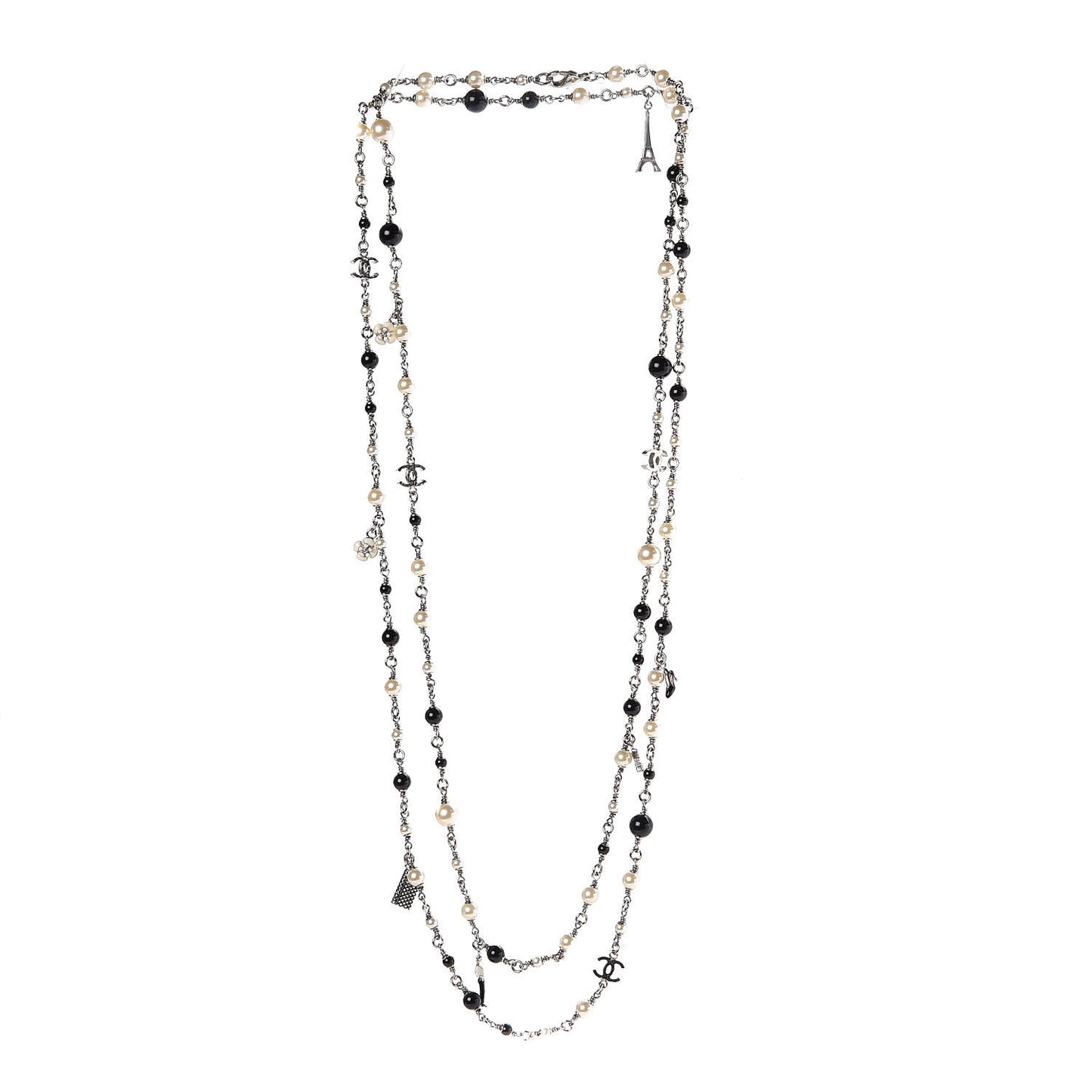 Pearl Beaded Enamel CC Coco Long Necklace Black Silver
