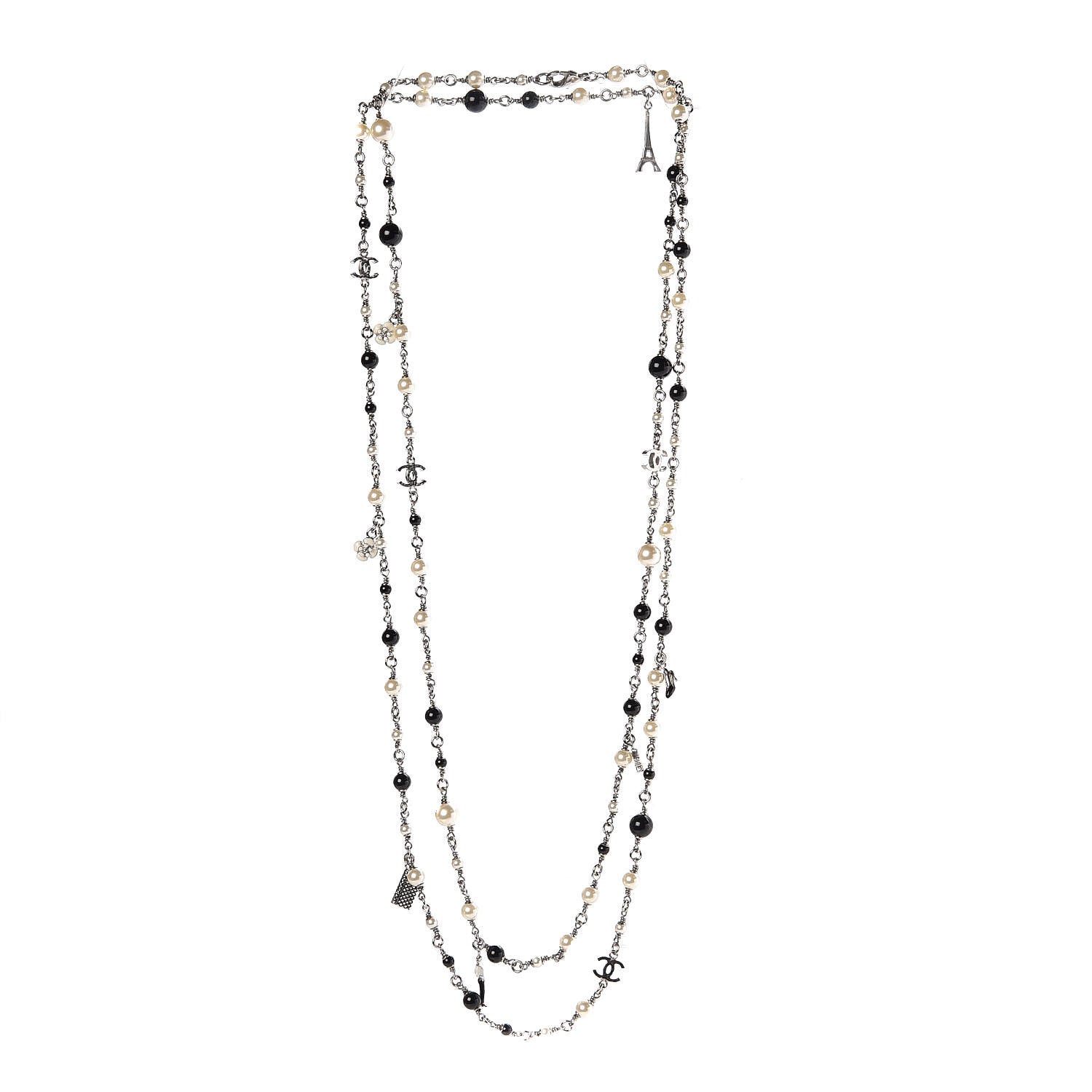 Chanel Pearl Beaded Enamel CC Coco Long Necklace Black Silver 3 of 10
